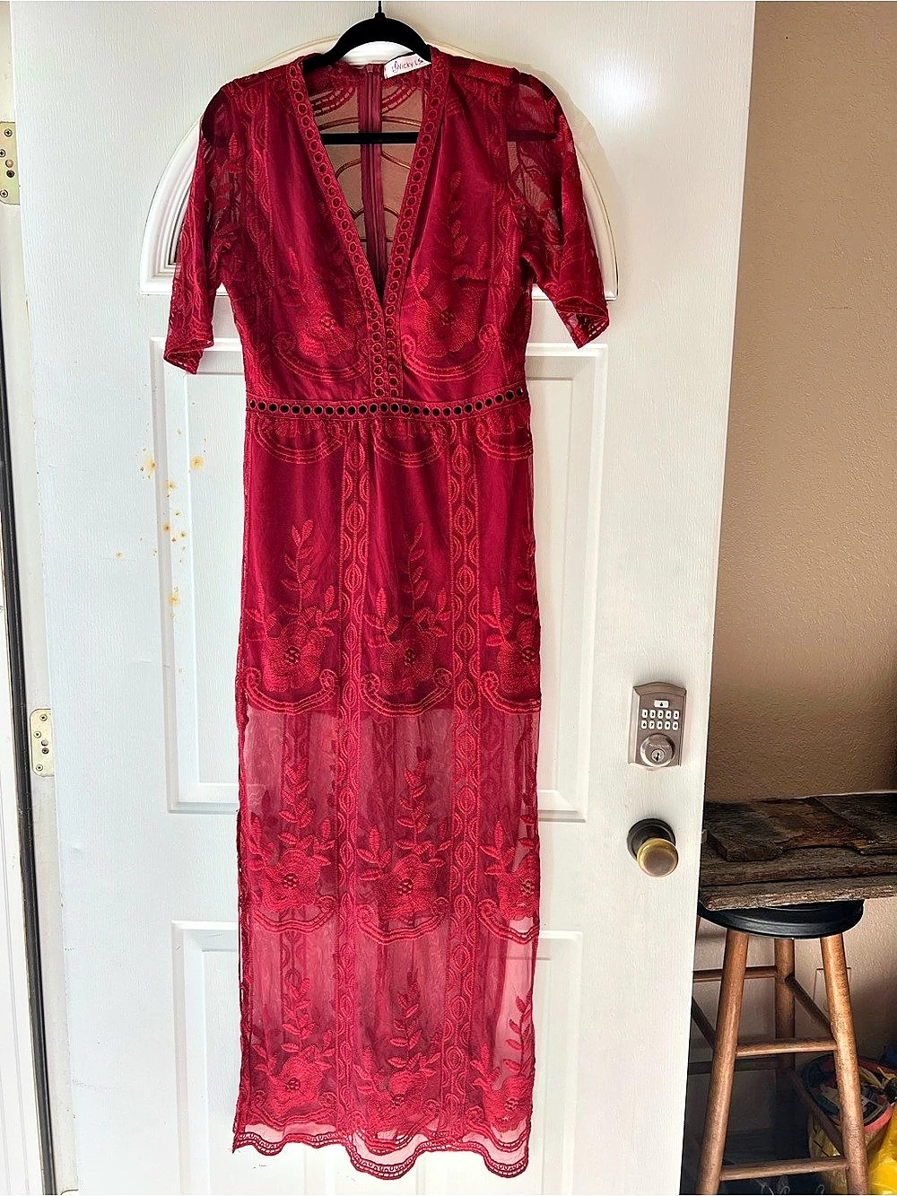 Wacky LS Red Floral Lace Maxi Dress Size Large Like New
